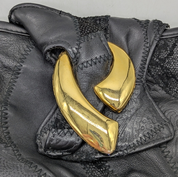 Vintage Black Gold Patchwork Small Leather Shoulder Bag - Picture 2 of 11